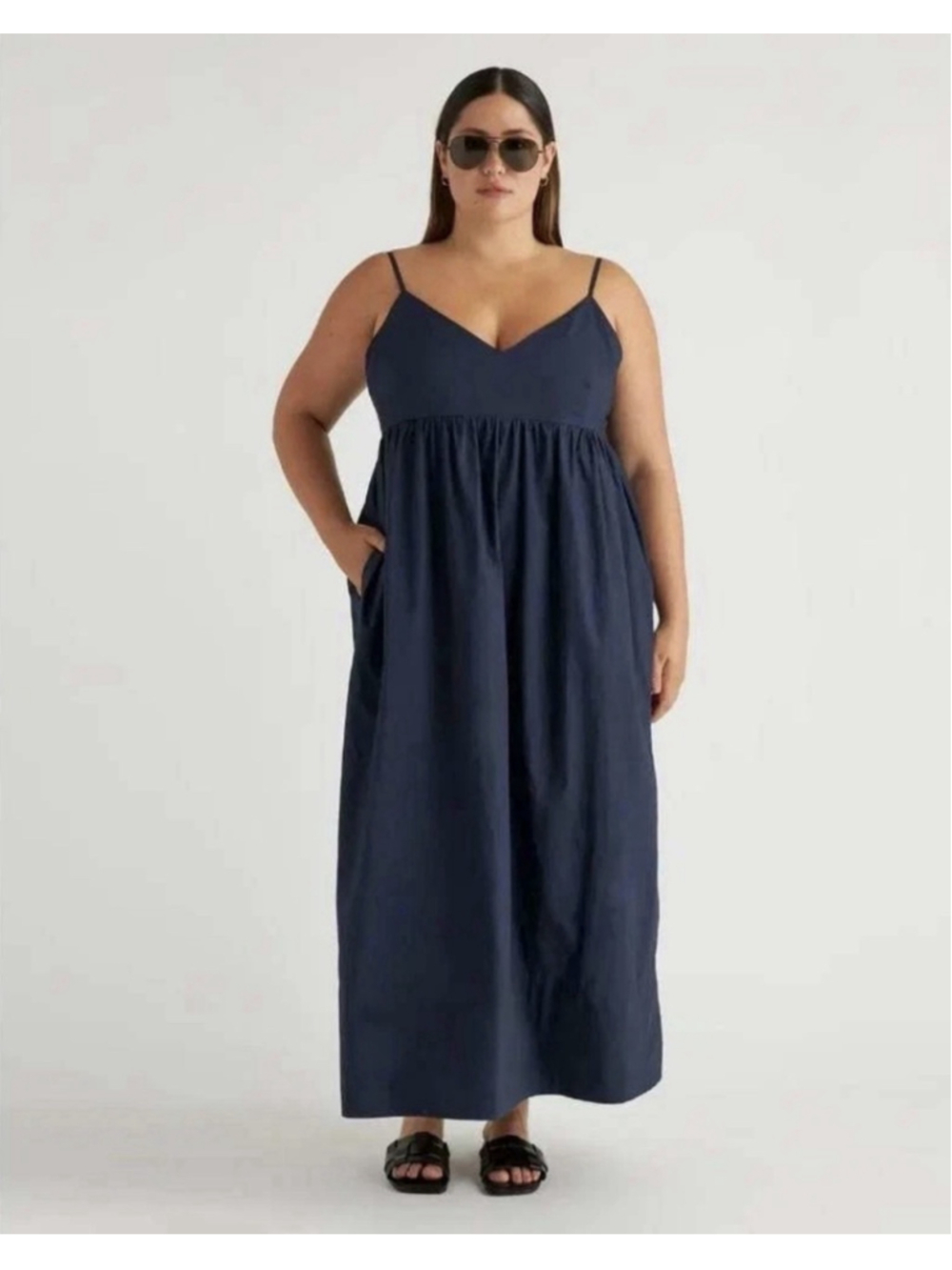 Quince S 100% Organic Cotton Poplin Sleeveless Maxi Dress Navy V Neck Pockets